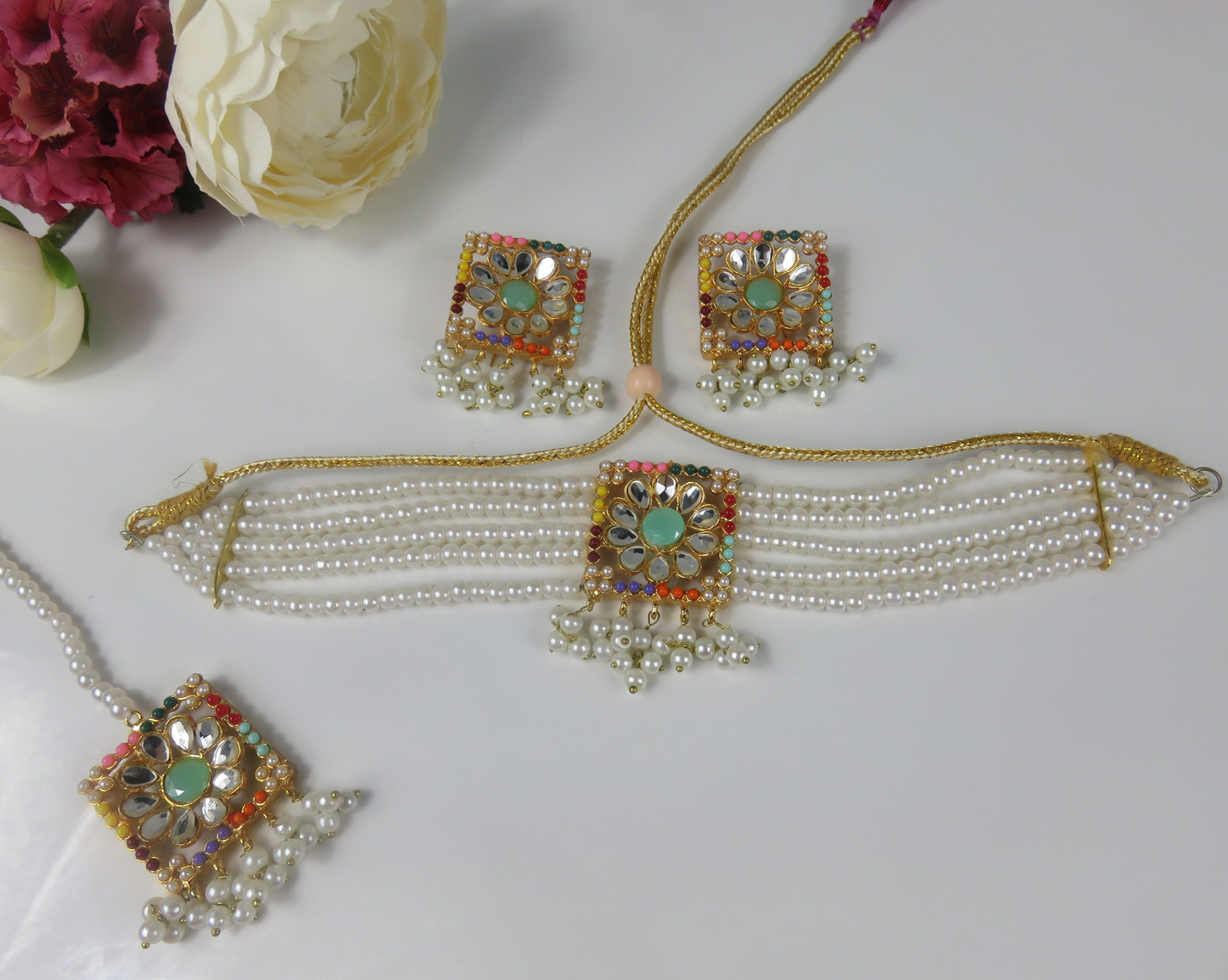 Multi pearl Choker Set Green Stone