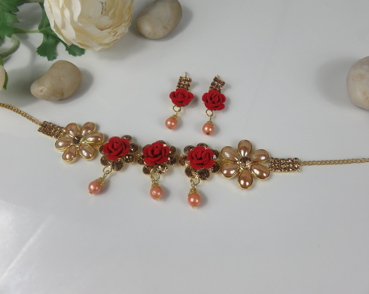 Red Rose Choker Necklace and Earring Set